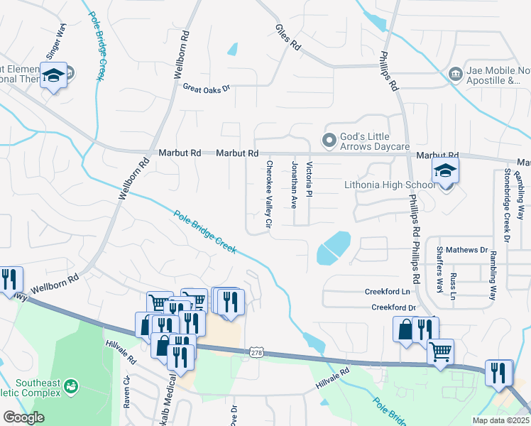 map of restaurants, bars, coffee shops, grocery stores, and more near 2278 Cherokee Valley Circle in Lithonia