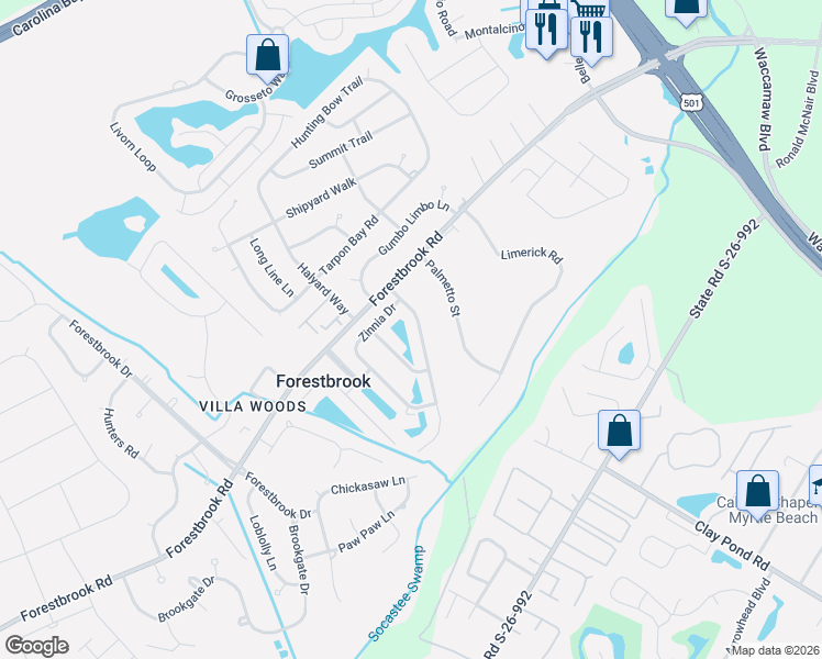 map of restaurants, bars, coffee shops, grocery stores, and more near 529 Ambrosia Loop in Myrtle Beach