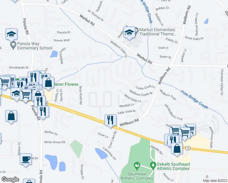 map of restaurants, bars, coffee shops, grocery stores, and more near 5825 Strathmoor Manor Circle in Lithonia
