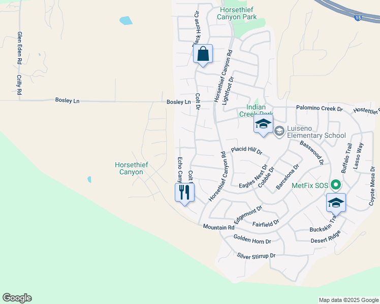 map of restaurants, bars, coffee shops, grocery stores, and more near 13057 Edgebrook Drive in Corona