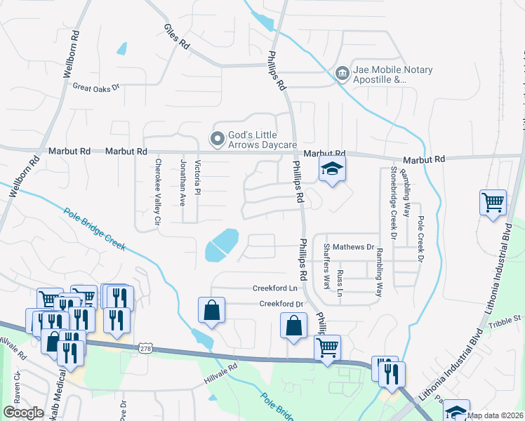 map of restaurants, bars, coffee shops, grocery stores, and more near 6256 Marbut Farms Lane in Lithonia
