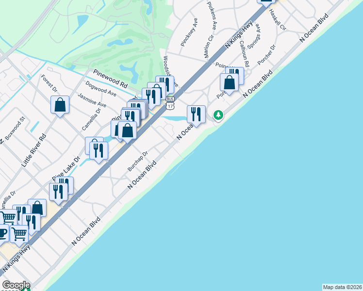 map of restaurants, bars, coffee shops, grocery stores, and more near 5301 Ocean Village Drive in Myrtle Beach