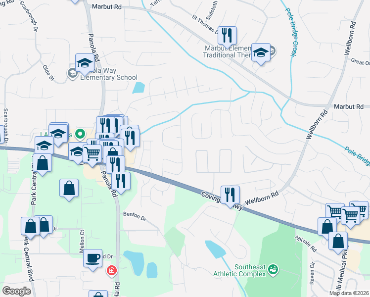 map of restaurants, bars, coffee shops, grocery stores, and more near 5439 Wellborn Creek Drive in Lithonia