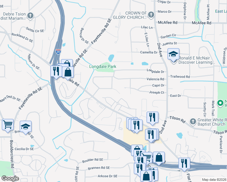 map of restaurants, bars, coffee shops, grocery stores, and more near 1651 Valencia Road in Decatur