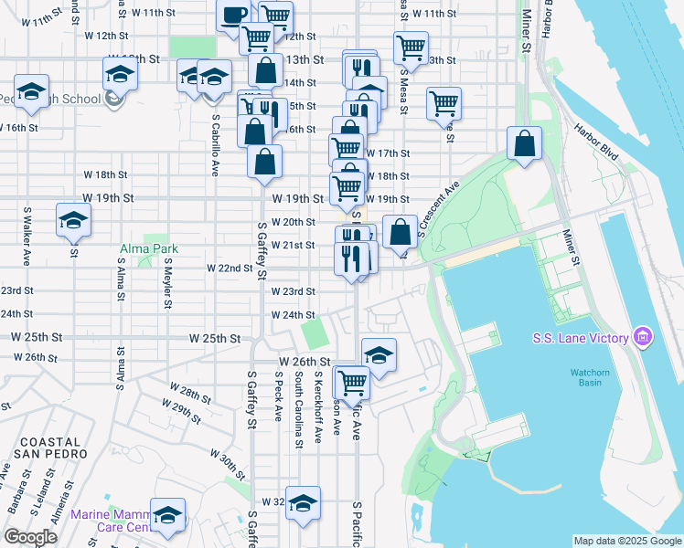 map of restaurants, bars, coffee shops, grocery stores, and more near 529 West 22nd Street in Los Angeles