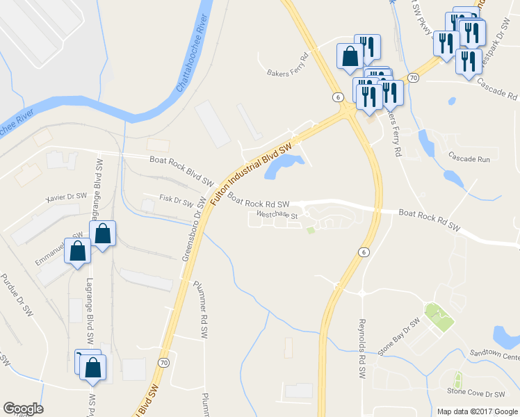 map of restaurants, bars, coffee shops, grocery stores, and more near 5851 Westchase Street in Atlanta