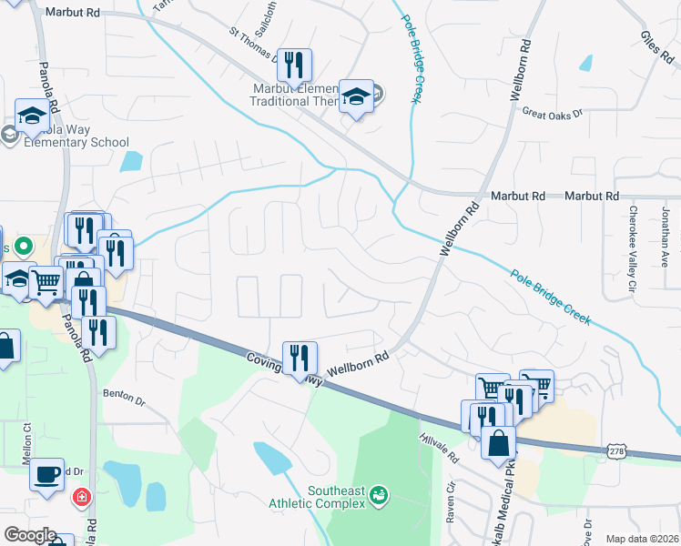 map of restaurants, bars, coffee shops, grocery stores, and more near 5654 Wind Gate Lane in Lithonia