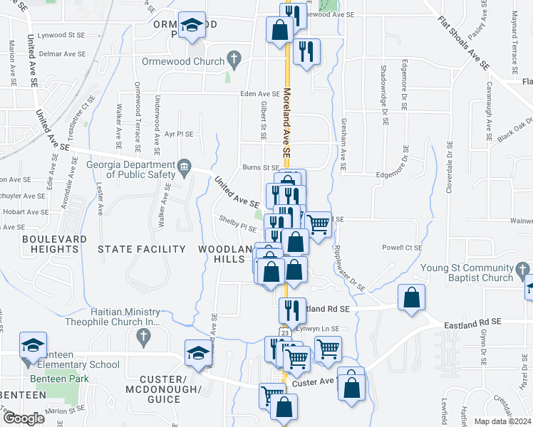 map of restaurants, bars, coffee shops, grocery stores, and more near 1141 United Avenue Southeast in Atlanta