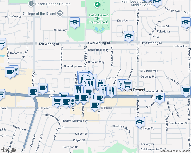 map of restaurants, bars, coffee shops, grocery stores, and more near 44635 San Carlos Avenue in Palm Desert