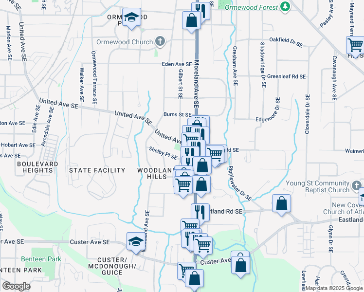 map of restaurants, bars, coffee shops, grocery stores, and more near 1141 United Avenue Southeast in Atlanta