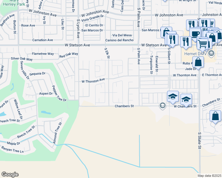 map of restaurants, bars, coffee shops, grocery stores, and more near 1375 Caprice Court in Hemet