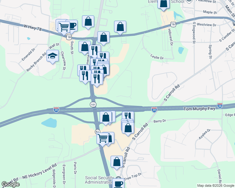 map of restaurants, bars, coffee shops, grocery stores, and more near 179 Lawrence Drive in Villa Rica