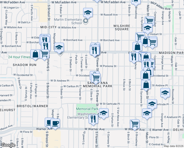 map of restaurants, bars, coffee shops, grocery stores, and more near 918 West Berkeley Street in Santa Ana