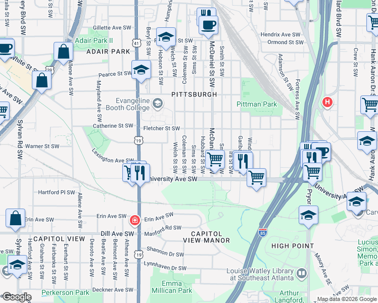 map of restaurants, bars, coffee shops, grocery stores, and more near 1107 Sims Street Southwest in Atlanta
