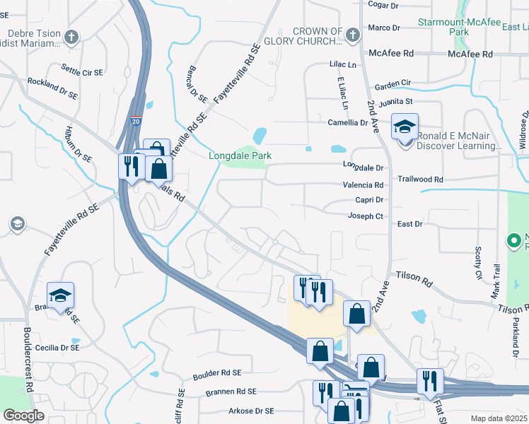 map of restaurants, bars, coffee shops, grocery stores, and more near 1660 Valencia Road in Decatur
