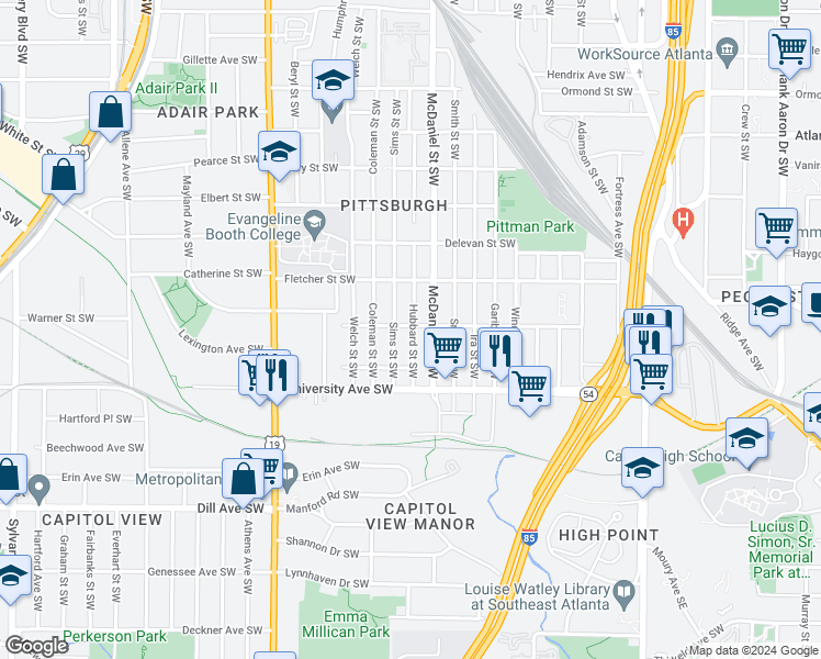 map of restaurants, bars, coffee shops, grocery stores, and more near 1131 Hubbard Street Southwest in Atlanta