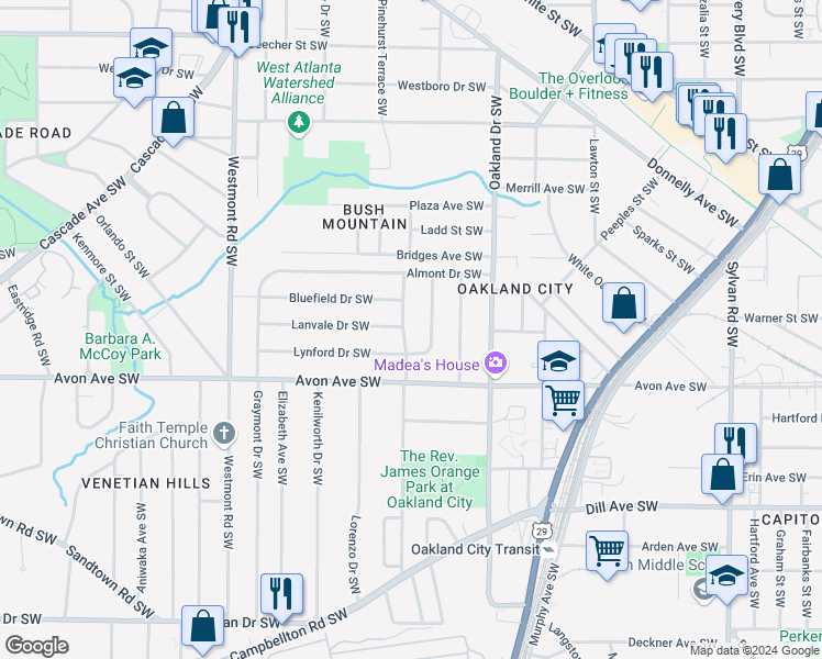 map of restaurants, bars, coffee shops, grocery stores, and more near 1136 Wyland Drive Southwest in Atlanta