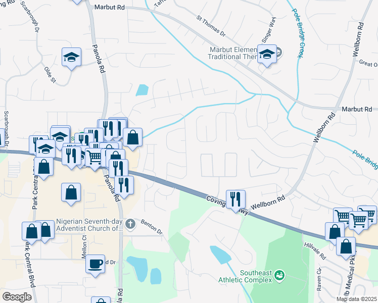 map of restaurants, bars, coffee shops, grocery stores, and more near 2321 Briar Knoll Road in Lithonia