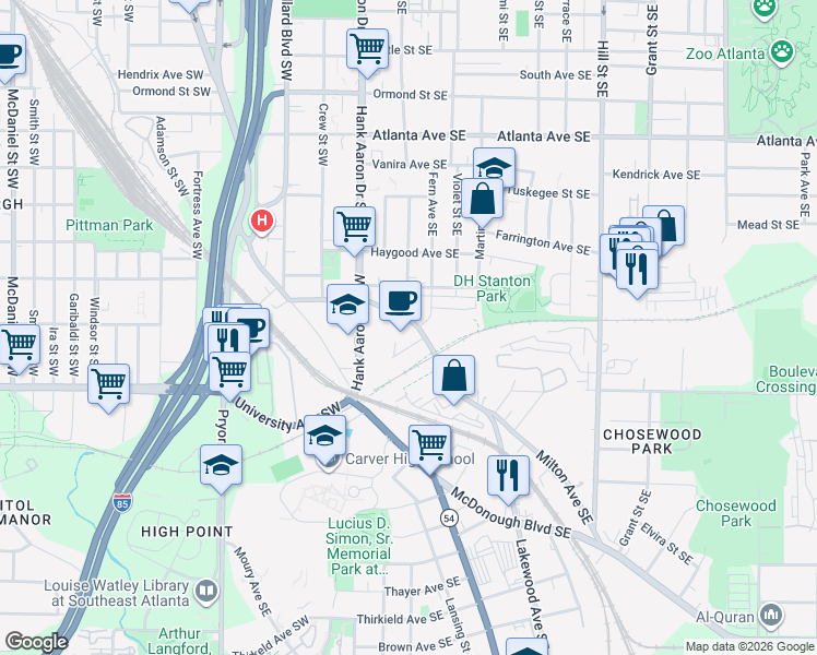 map of restaurants, bars, coffee shops, grocery stores, and more near 55 Milton Avenue Southeast in Atlanta