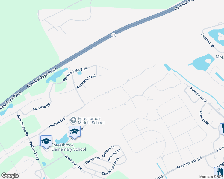 map of restaurants, bars, coffee shops, grocery stores, and more near 2426 Hunters Trail in Myrtle Beach