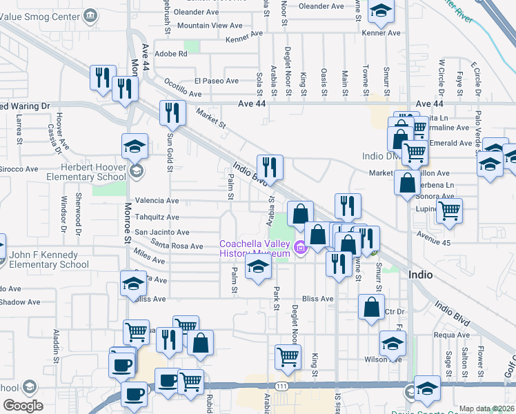 map of restaurants, bars, coffee shops, grocery stores, and more near 82481 Valencia Avenue in Indio