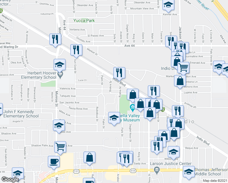 map of restaurants, bars, coffee shops, grocery stores, and more near 82481 Valencia Avenue in Indio