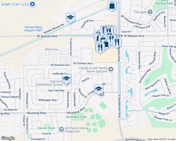 map of restaurants, bars, coffee shops, grocery stores, and more near 3935 Roxbury Drive in Hemet