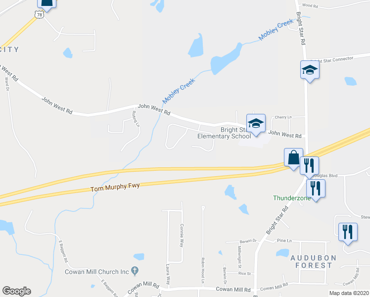 map of restaurants, bars, coffee shops, grocery stores, and more near 6460 Shadow Court in Douglasville