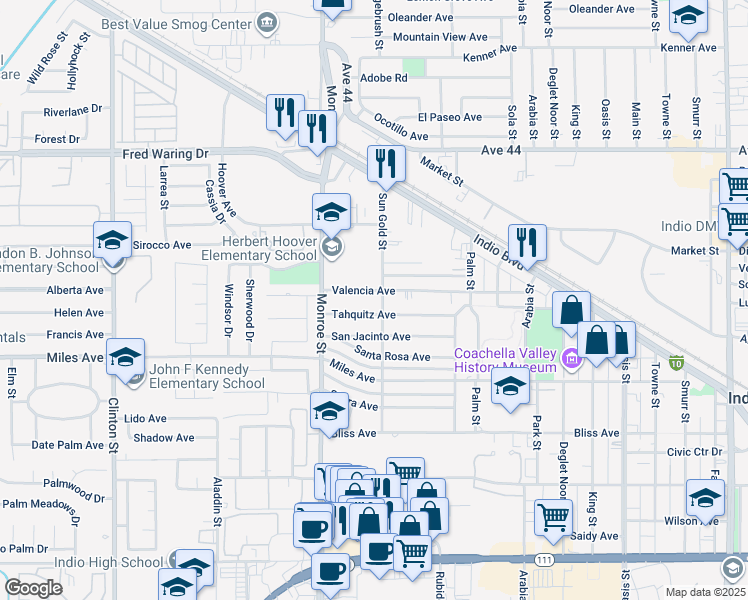 map of restaurants, bars, coffee shops, grocery stores, and more near 82145 Valencia Avenue in Indio