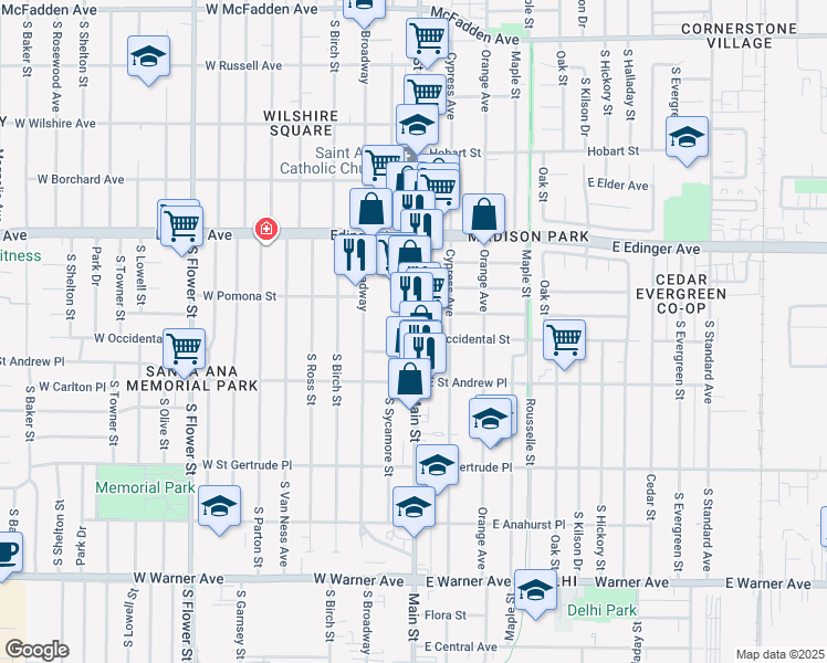 map of restaurants, bars, coffee shops, grocery stores, and more near 1752 South Main Street in Santa Ana