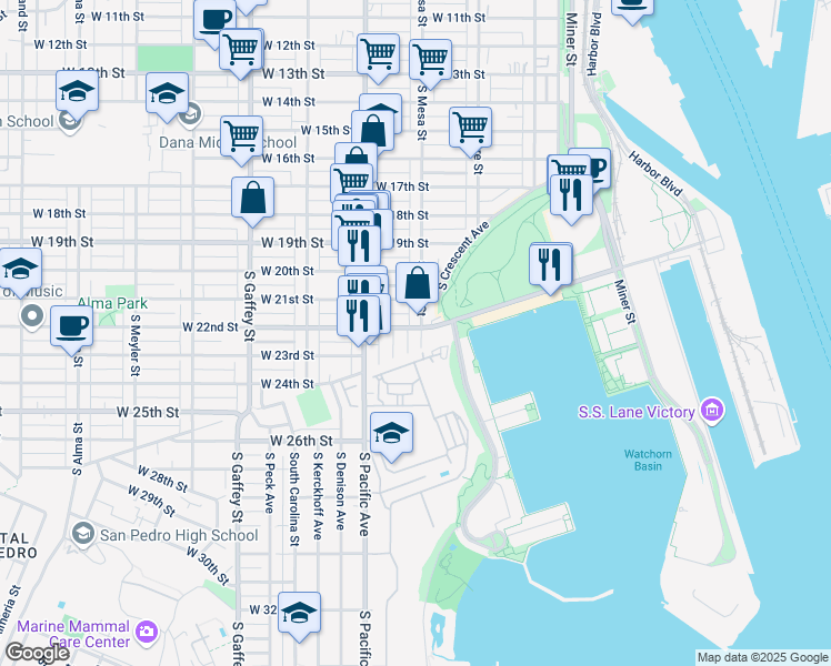 map of restaurants, bars, coffee shops, grocery stores, and more near 2114 South Mesa Street in Los Angeles