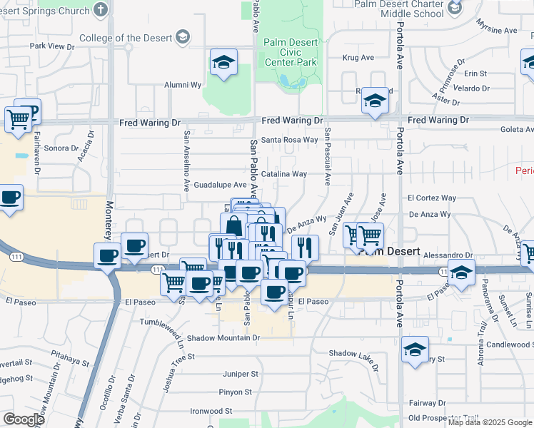map of restaurants, bars, coffee shops, grocery stores, and more near 44596 San Pablo Avenue in Palm Desert