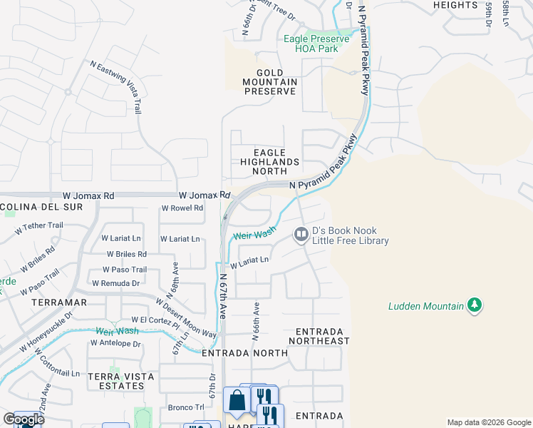 map of restaurants, bars, coffee shops, grocery stores, and more near 26405 North 65th Drive in Phoenix