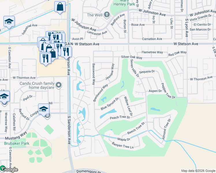 map of restaurants, bars, coffee shops, grocery stores, and more near 1384 Brentwood Way in Hemet