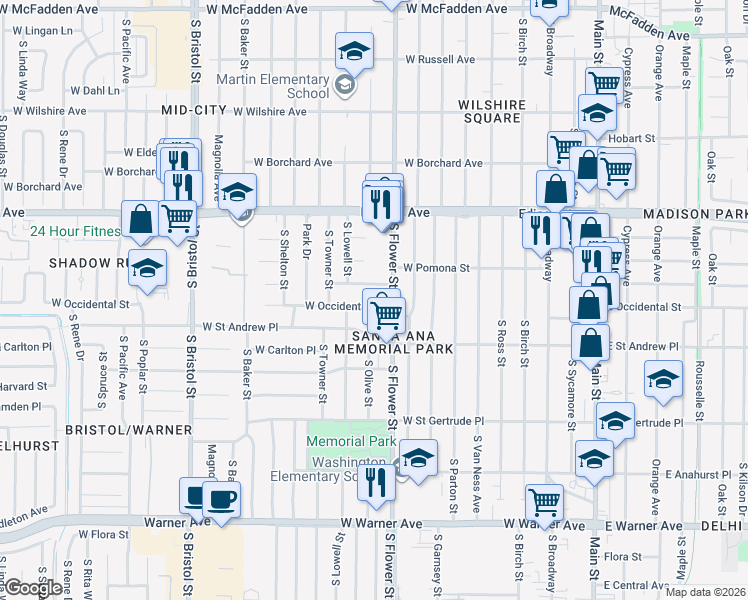 map of restaurants, bars, coffee shops, grocery stores, and more near 918 West Berkeley Street in Santa Ana