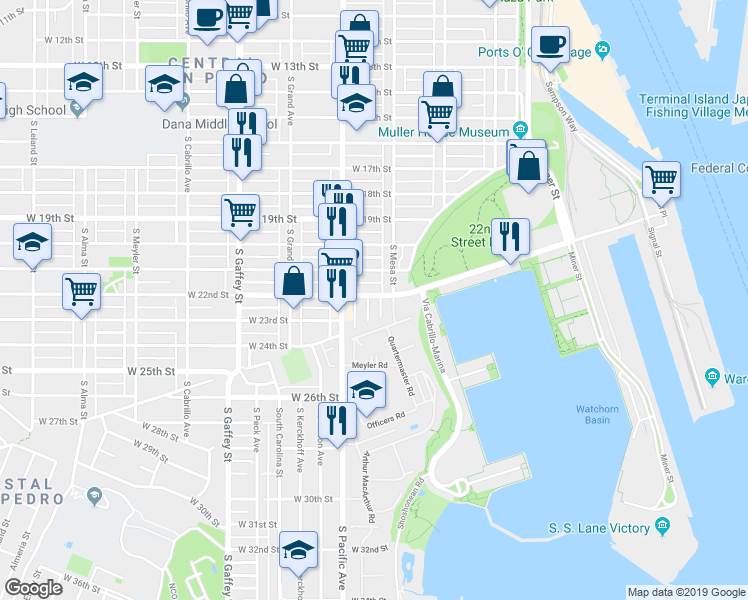 map of restaurants, bars, coffee shops, grocery stores, and more near 452 West 22nd Street in Los Angeles