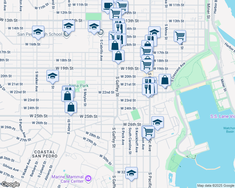 map of restaurants, bars, coffee shops, grocery stores, and more near 726 West 22nd Street in Los Angeles
