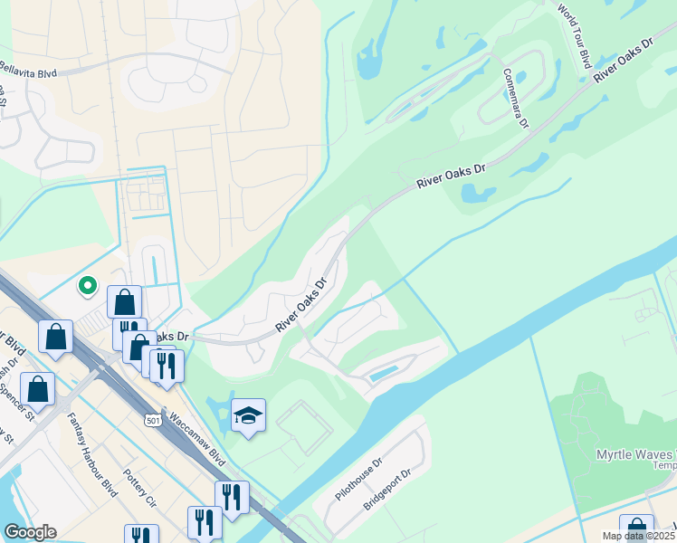 map of restaurants, bars, coffee shops, grocery stores, and more near 573 Blue River Court in Myrtle Beach
