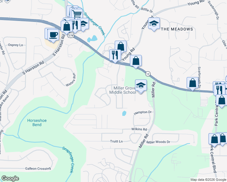 map of restaurants, bars, coffee shops, grocery stores, and more near 2212 Creekview Trail in Decatur
