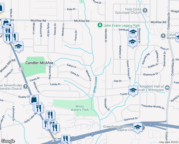 map of restaurants, bars, coffee shops, grocery stores, and more near 2434 Miriam Lane in Decatur