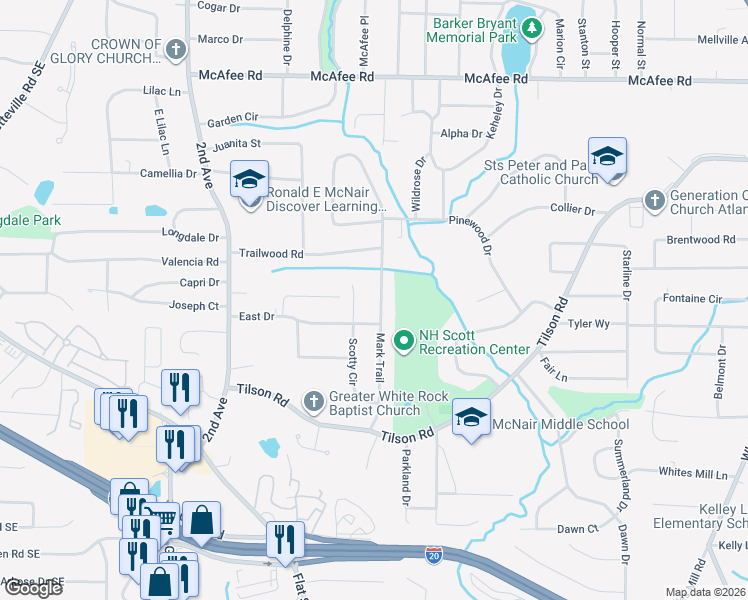 map of restaurants, bars, coffee shops, grocery stores, and more near 2225 Mark Trail in Decatur