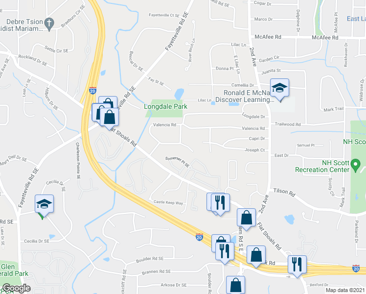 map of restaurants, bars, coffee shops, grocery stores, and more near 1651 Valencia Road in Decatur