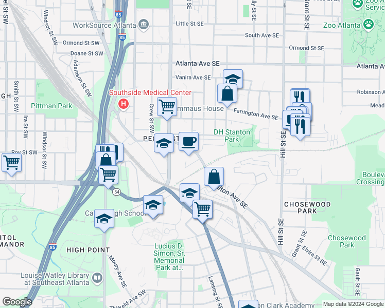 map of restaurants, bars, coffee shops, grocery stores, and more near 72 Milton Ave SE in Atlanta