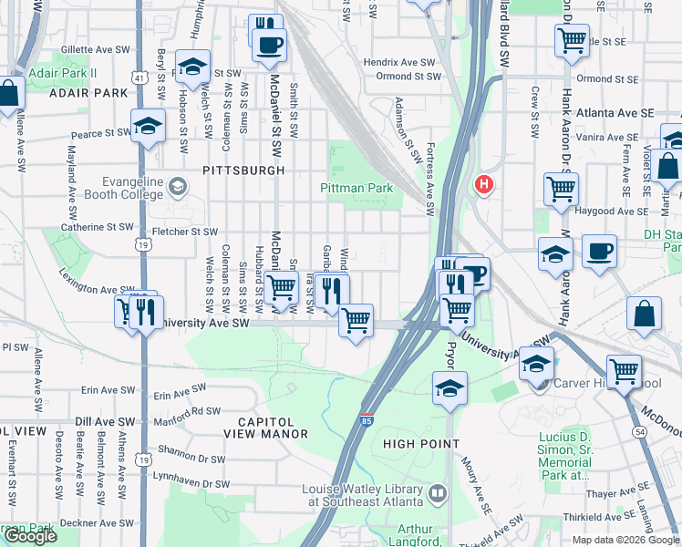 map of restaurants, bars, coffee shops, grocery stores, and more near 1114 Garibaldi Street Southwest in Atlanta
