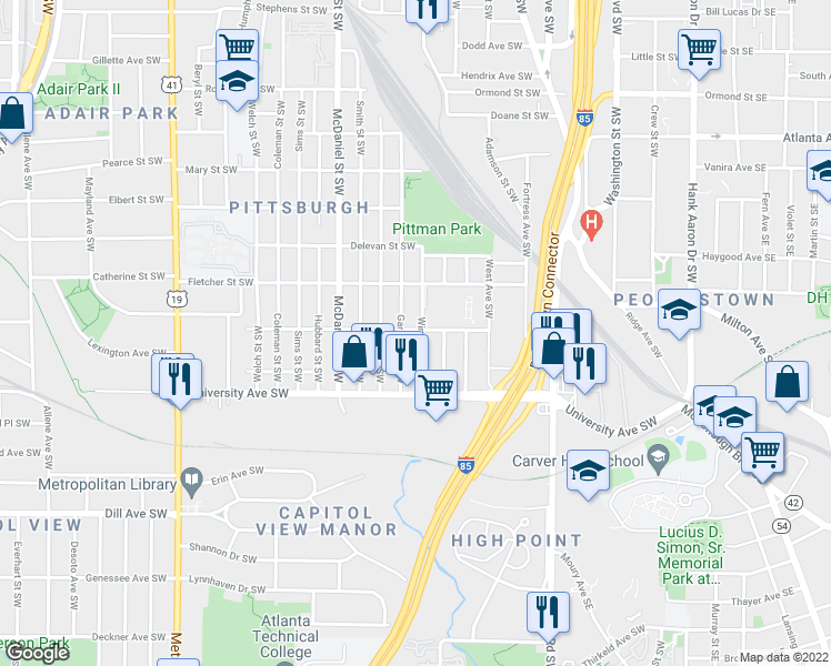 map of restaurants, bars, coffee shops, grocery stores, and more near 1129 Windsor Street Southwest in Atlanta