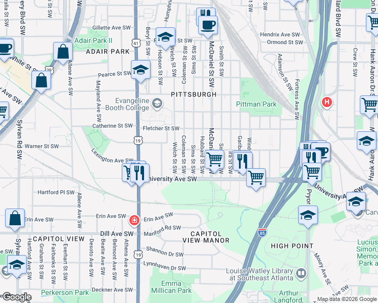 map of restaurants, bars, coffee shops, grocery stores, and more near 1107 Sims Street Southwest in Atlanta