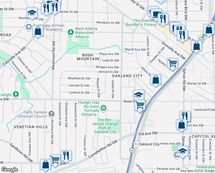 map of restaurants, bars, coffee shops, grocery stores, and more near 1119 Indale Place Southwest in Atlanta