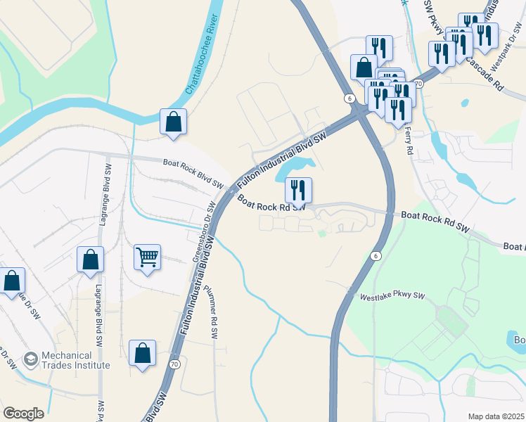 map of restaurants, bars, coffee shops, grocery stores, and more near 5851 Westchase Street in Atlanta