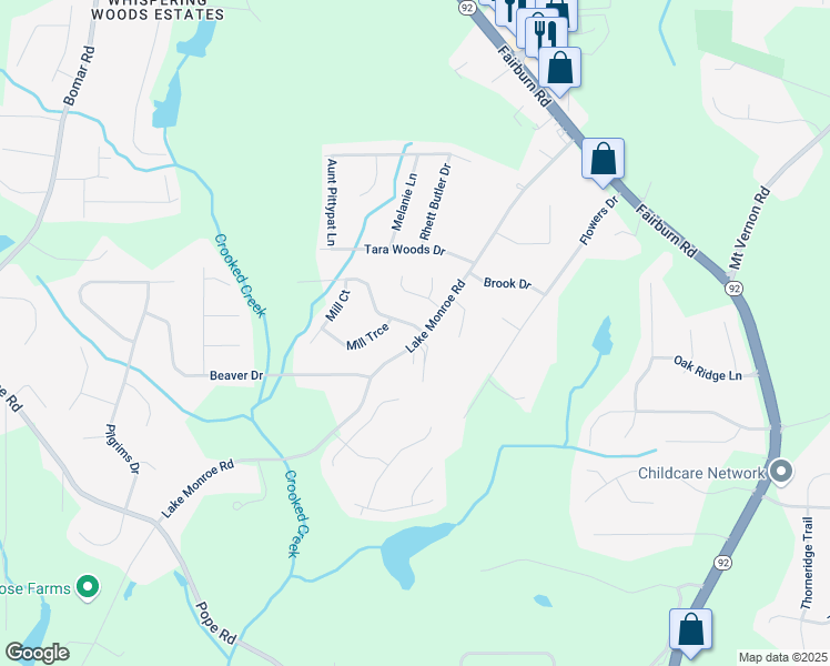 map of restaurants, bars, coffee shops, grocery stores, and more near 2959 Pritchards Mill Trail in Douglasville