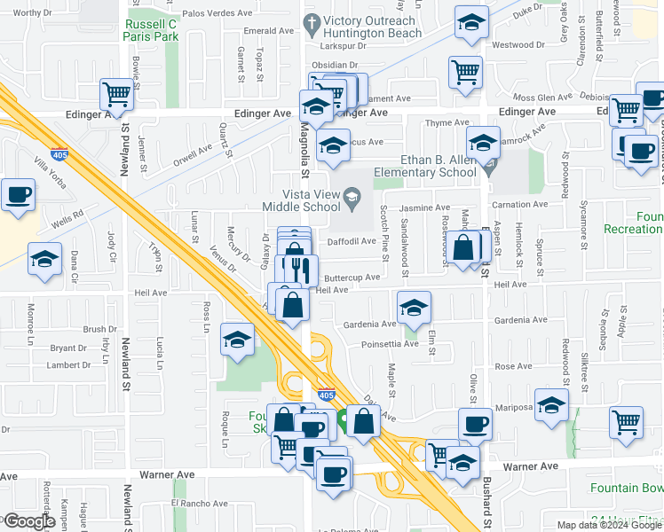 map of restaurants, bars, coffee shops, grocery stores, and more near 9076 Columbine Avenue in Fountain Valley